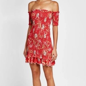 Zimmermann Red Floral Corsair Shirred Smocked Flutter Mini Dress, size S
